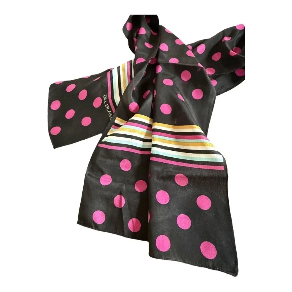 Bill Blass Vintage Silk Long Neck Scarf Polka Dot Striped 80's-90's Handbag Wrap